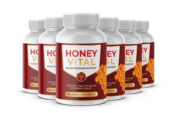 Six bottles of Honey Vital capsules arranged together