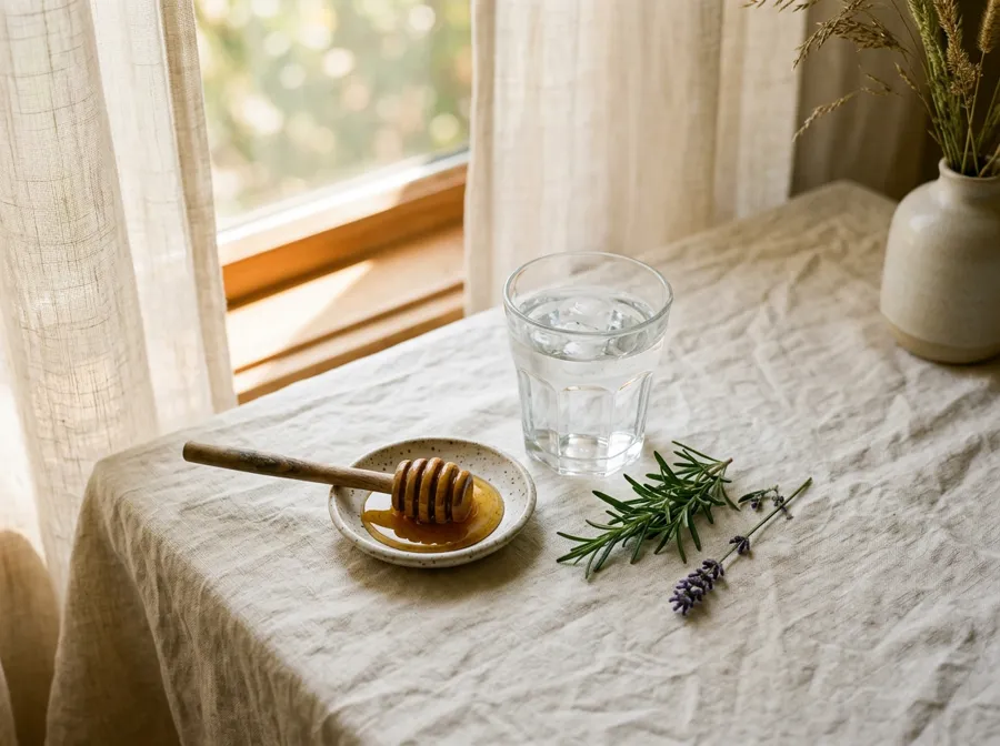 A calm morning table with a glass of water, a honey dipper and fresh herbs in soft window light
